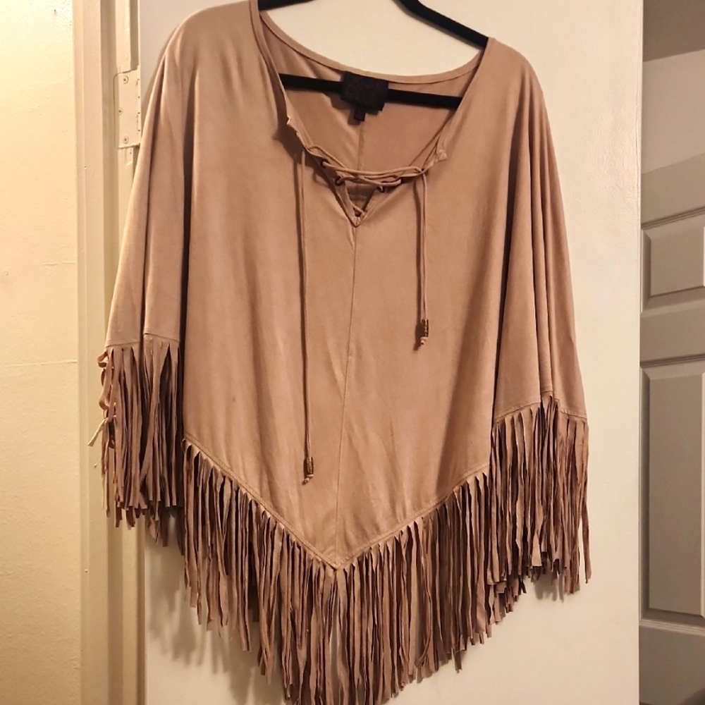 Tan Fringe Western Poncho Top